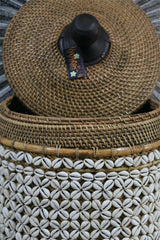 NEW Balinese Woven Basket w/Rattan & Shell Trim - Large Bali Basket with Lid