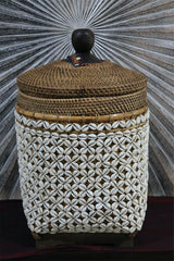 NEW Balinese Woven Basket w/Rattan & Shell Trim - Large Bali Basket with Lid