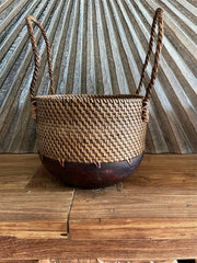 NEW Balinese Hand Woven Rattan / Wood Combo Open Basket w/handles - Bali Basket