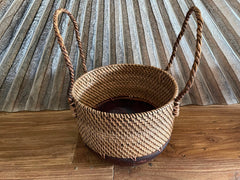 NEW Balinese Hand Woven Rattan / Wood Combo Open Basket w/handles - Bali Basket