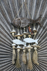 NEW Balinese Carved Wooden FISH Mobile w/Pebbles/Driftwood/Grass Tassel