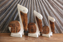 NEW Balinese Hand Carved Wooden Set of 3 Pelican Family Sculptures