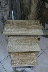 NEW Beautifully Hand Carved and Crafted TEAK Wood Set 3 Side Tables