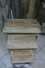 NEW Beautifully Hand Carved and Crafted TEAK Wood Set 3 Side Tables