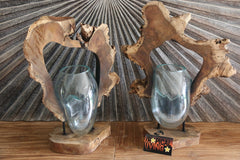 NEW Balinese Blown Glass Bowl on sliced hollow log on Stand - Bali Slump Bowl