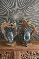 NEW Balinese Blown Glass Bowl on sliced hollow log on Stand - Bali Slump Bowl