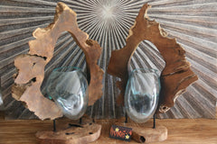 NEW Balinese Blown Glass Bowl on sliced hollow log on Stand - Bali Slump Bowl