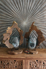 NEW Balinese Blown Glass Bowl on sliced hollow log on Stand - Bali Slump Bowl