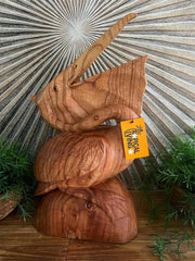 NEW Balinese Hand Carved & Crafted Suar Wood Pelican Sculpture - Bali Bird Art