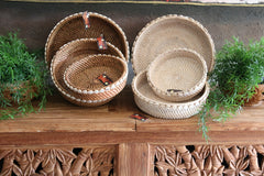 NEW Balinese Hand Woven Rattan w/Shell Trim Open Basket L