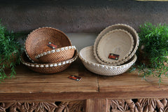 NEW Balinese Hand Woven Rattan w/Shell Trim Open Basket L