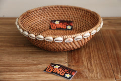 NEW Balinese Hand Woven Rattan w/Shell Trim Open Basket S