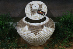 New Balinese Hand Woven Rattan Basket w/Lid & Motif - Bali Rattan Basket
