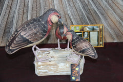 NEW Balinese Hand Carved Wooden Family of 3 Quailes on Log