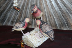 NEW Balinese Hand Carved Wooden Family of 3 Quailes on Log