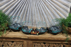 NEW Balinese Hand Blown Glass Bowl on Wooden Buddha Hands - Bali Slump Glass