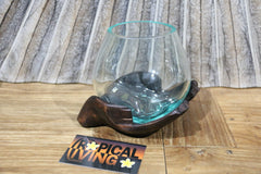 NEW Balinese Hand Blown Glass Bowl on Wooden Buddha Hands - Bali Slump Glass
