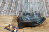 NEW Balinese Hand Blown Glass Bowl on Wooden Buddha Hands - Bali Slump Glass