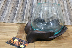 NEW Balinese Hand Blown Glass Bowl on Wooden Buddha Hands - Bali Slump Glass