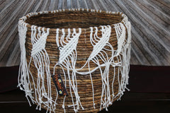 NEW Balinese Hand Woven Open Basket with macrame trim - L