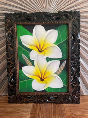 Balinese Canvas Frangipani Painting w/Bali Carved Frame - Frangipani Painting