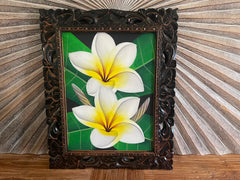 Balinese Canvas Frangipani Painting w/Bali Carved Frame - Frangipani Painting