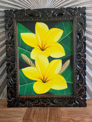 Balinese Canvas Frangipani Painting w/Bali Carved Frame - Frangipani Painting