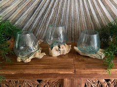 NEW Balinese Hand Blown Glass on Wood Bowl - Bali Glass on Wood Art ALL UNIQUE!!