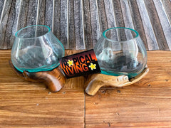 NEW Balinese Hand Blown Glass Bowl on Suar Wood Buddha Hands - Quality Wood