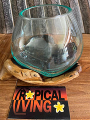 NEW Balinese Hand Blown Glass Bowl on Suar Wood Buddha Hands - Quality Wood