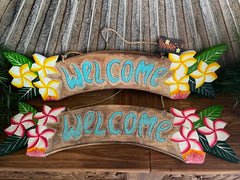 NEW Balinese Timber WELCOME Sign - Bali Frangipani Welcome Sign - 2 Colours/Tiki