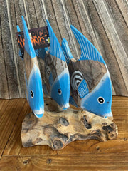 NEW Balinese Hand Carved 3 Wooden Fish on Natural Wood Sculpture