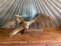 Balinese Blown Glass Bowl on Carved Fish Wood Bali Molten Glass or Slump Bowl