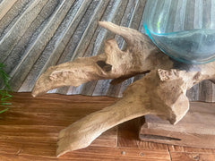 Balinese Blown Glass Bowl on Carved Fish Wood Bali Molten Glass or Slump Bowl