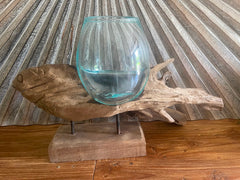 Balinese Blown Glass Bowl on Carved Fish Wood Bali Molten Glass or Slump Bowl