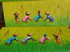 Balinese Canvas Rice Farmer Painting w/Bali Carved Frame - Bali Painting 50x20cm