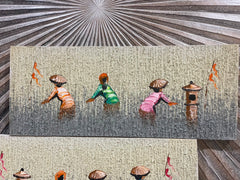 Balinese Canvas Rice Farmer Painting w/Bali Carved Frame - Bali Painting 50x20cm