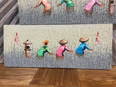 Balinese Canvas Rice Farmer Painting w/Bali Carved Frame - Bali Painting 50x20cm