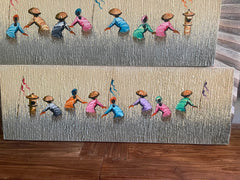 Balinese Canvas Rice Farmer Painting w/Bali Carved Frame - Bali Painting 50x20cm