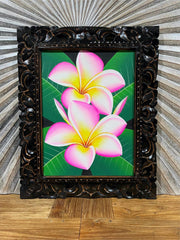Balinese Canvas Frangipani Painting w/Bali Carved Frame - Frangipani Painting