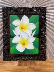 Balinese Canvas Frangipani Painting w/Bali Carved Frame - Frangipani Painting