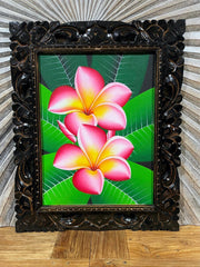 Balinese Canvas Frangipani Painting w/Bali Carved Frame - Frangipani Painting