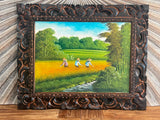 Balinese Rice Farming Canvas Painting w/Bali Carved Frame - Bali Painting