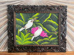 Tropical Balinese Bird Canvas Painting w/Bali Carved Frame - Tropical Painting