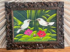 Tropical Balinese Bird Canvas Painting w/Bali Carved Frame - Tropical Painting