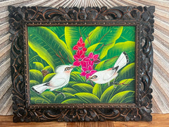 Tropical Balinese Bird Canvas Painting w/Bali Carved Frame - Tropical Painting