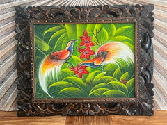 Tropical Balinese Bird Canvas Painting w/Bali Carved Frame - Tropical Painting
