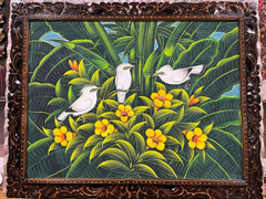 Balinese Canvas Tropical Bird Painting w/Bali Carved Frame - Bali Painting