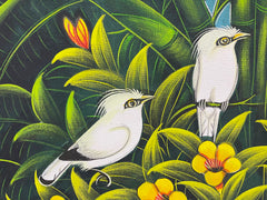 Balinese Canvas Tropical Bird Painting w/Bali Carved Frame - Bali Painting