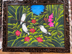 Balinese Canvas Tropical Bird Painting w/Bali Carved Frame - Bali Painting